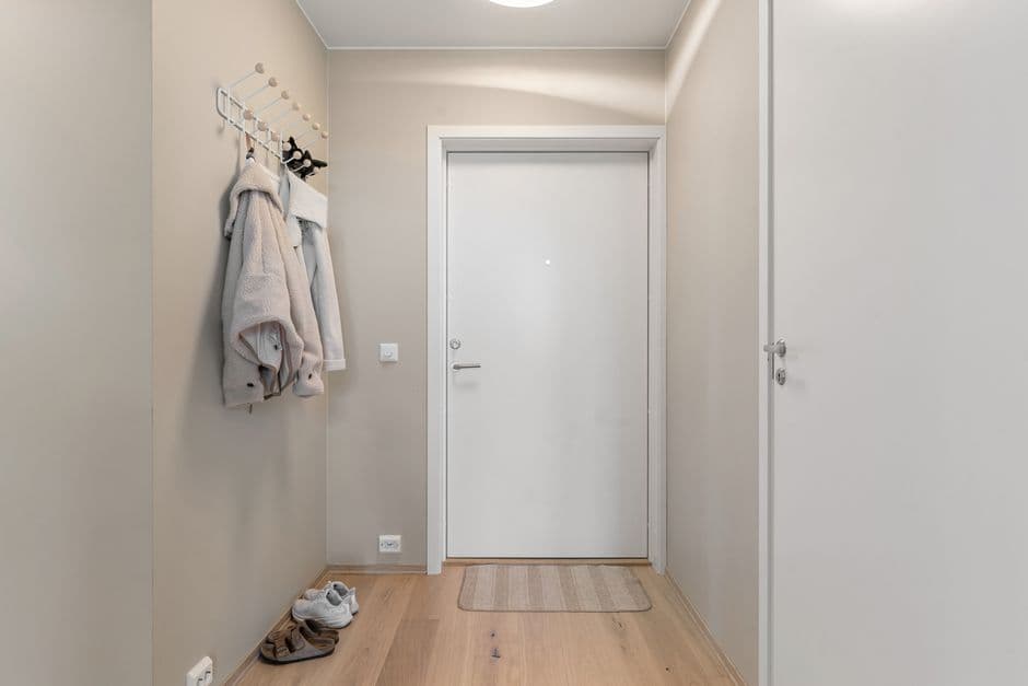 A minimalist apartment entrance with wooden flooring and coat hooks